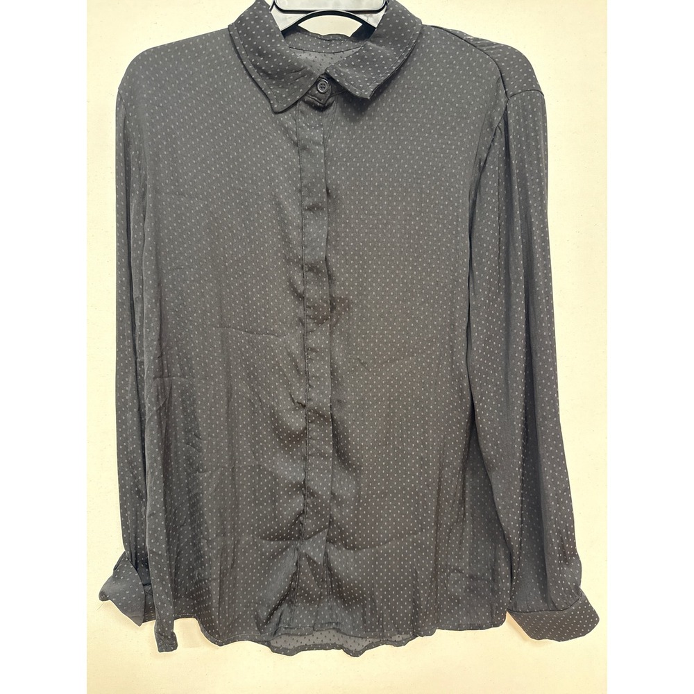 Black Jacquard Dot Long Sleeve Button Down Blouse Hidden Placket Size Medium